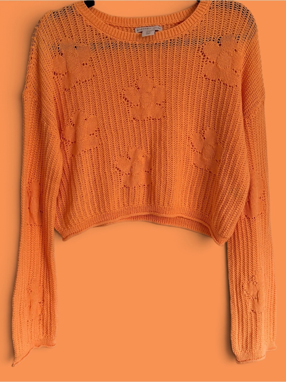 Boho Orange Open-Knit Floral Cropped Sweater Size XL